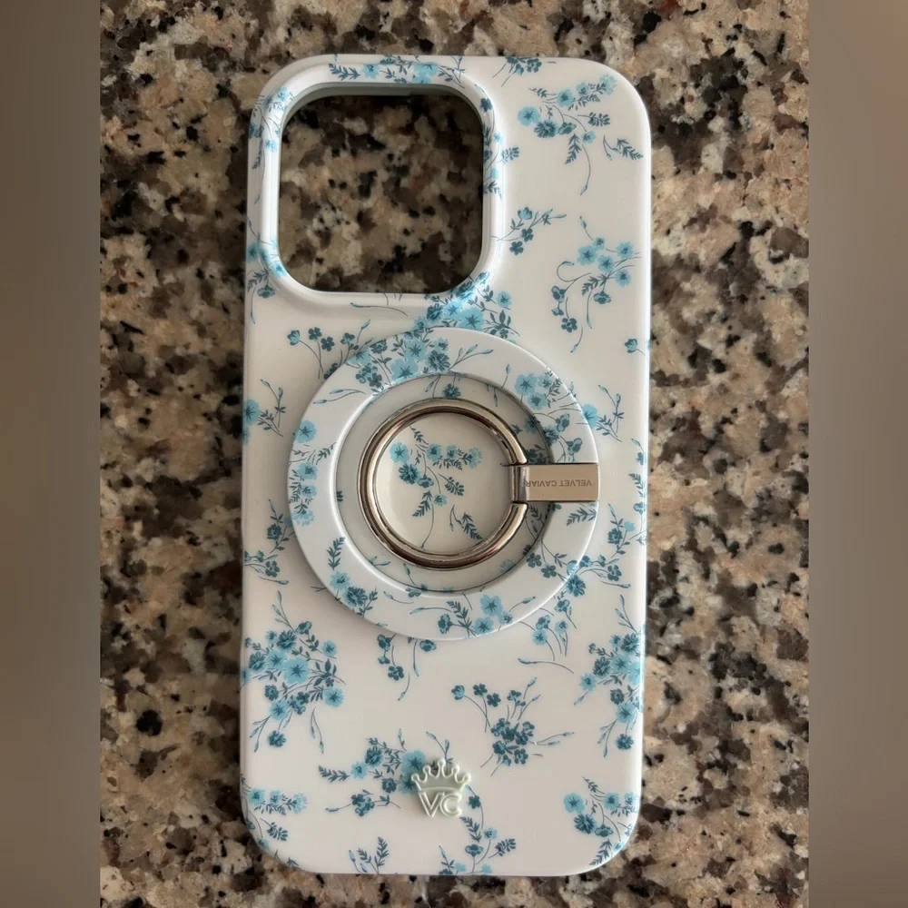 Velvet Caviar White Phone Case with Blue Floral Ring Grip